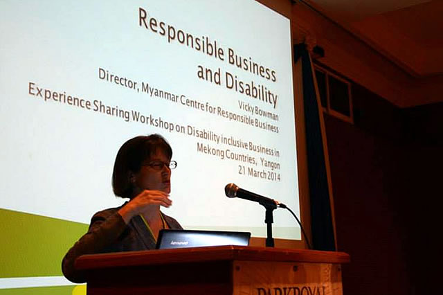 MCRB Director Vicky Bowman's presentation focussed on the responsibilities of mainstream business to respect and promote the rights of people with disabilities.