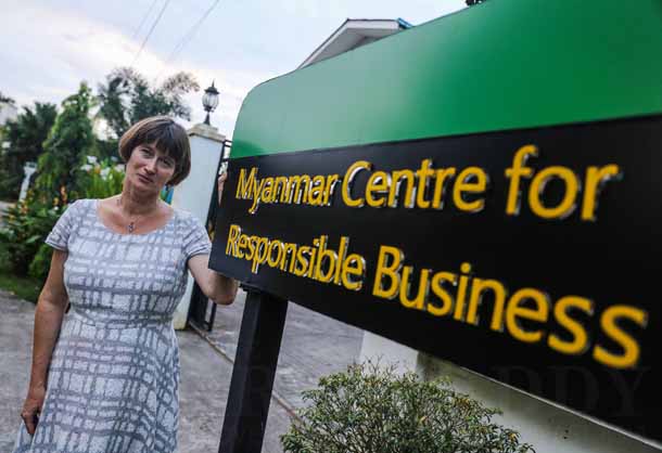 Vicky Bowman, director of the Myanmar Center for Responsible Business, stands outside the Myanmar Centre for Responsible Business in Rangoon. (Photo: JPaing / The Irrawaddy)