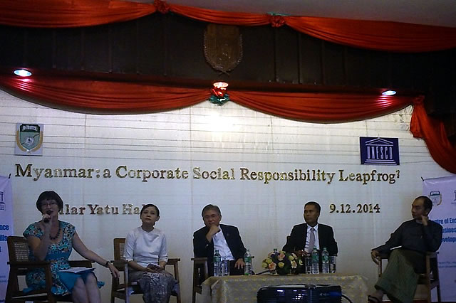 Vicky Bowman, MCRB Director chaired the panel discussion at Yangon Institute of Economics.